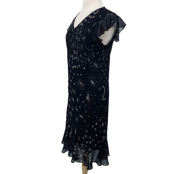 Vintage Y2k Beaded Floral Bias Cut Midi Dress Flutter Sleeve Fairy Black Medium - Picture 7 of 11